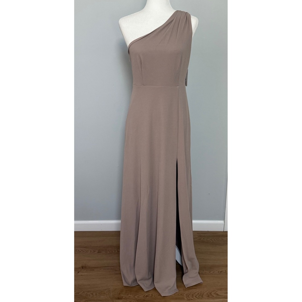 Birdy Grey One Shoulder Kira Crepe Maxi Dress Taupe Gown Slit Size Medium NWT